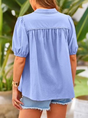 Women's Summer Button Down Shirts Short Lantern Sleeve V Neck Cotton Cute Dressy Casual Ladies Tops Blouses