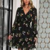 Women's Floral Chiffon Long Sleeve Mini Dress Flowy A-Line Wrap Neck Tie Back Short Dress
