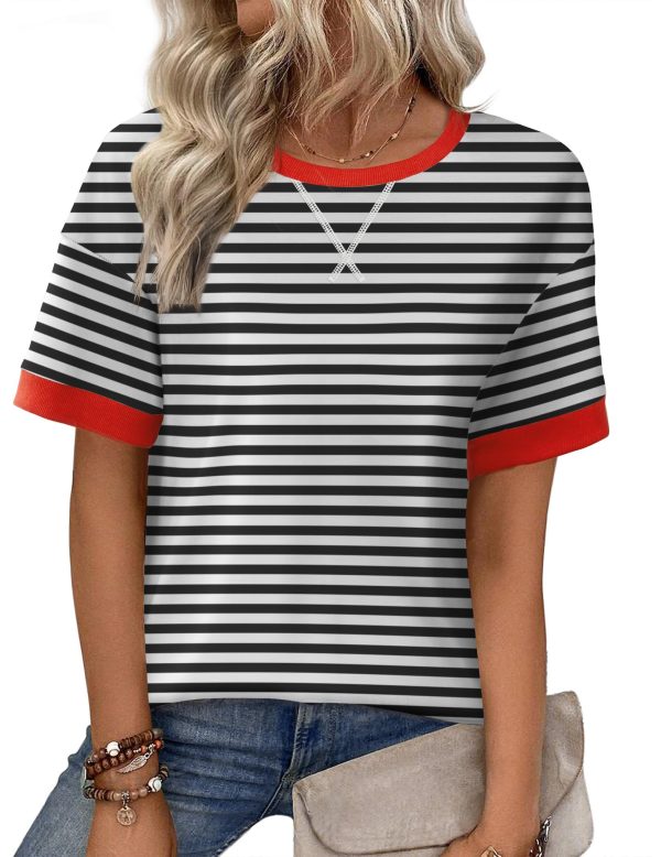 Womens Summer Tops Oversized Crewneck Short Sleeve T Shirts Casual Loose Fit Blouse Y2K 2025 Striped Basic Tee