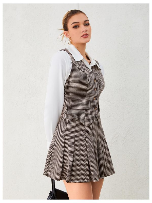 Women's 2 Piece Outfit Plaid Vest Blazer and Pleated Skirt Suit Sets