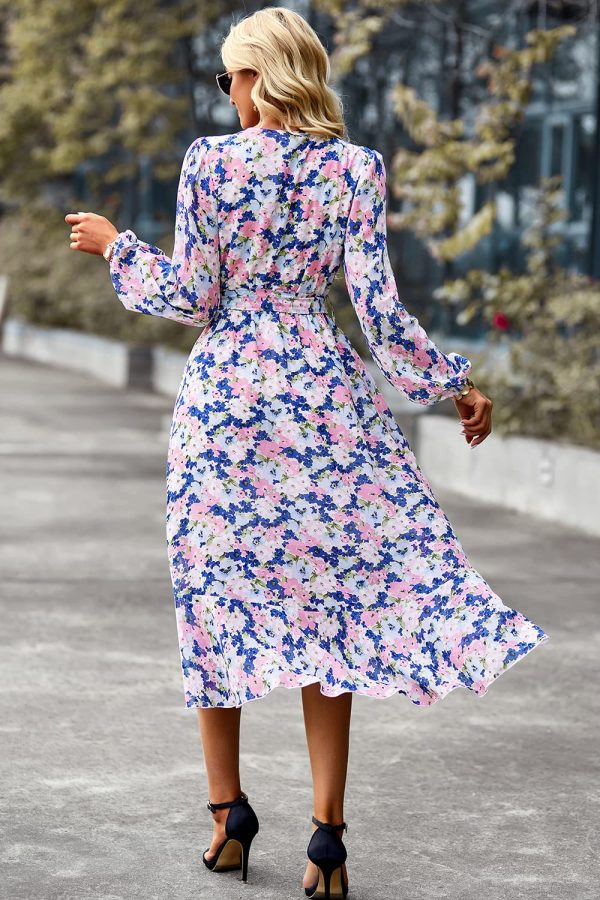 8158NfUZxNL.jpg Women's Floral Print Boho Dress Long Sleeve Wrap V Neck Ruffle Belted A-Line Flowy Maxi Dresses