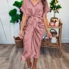 2025 Women Button Down Ruched Shirt Dresses Short Sleeve Lapel V Neck Elegant Party Spring Summer Maxi Satin Dress