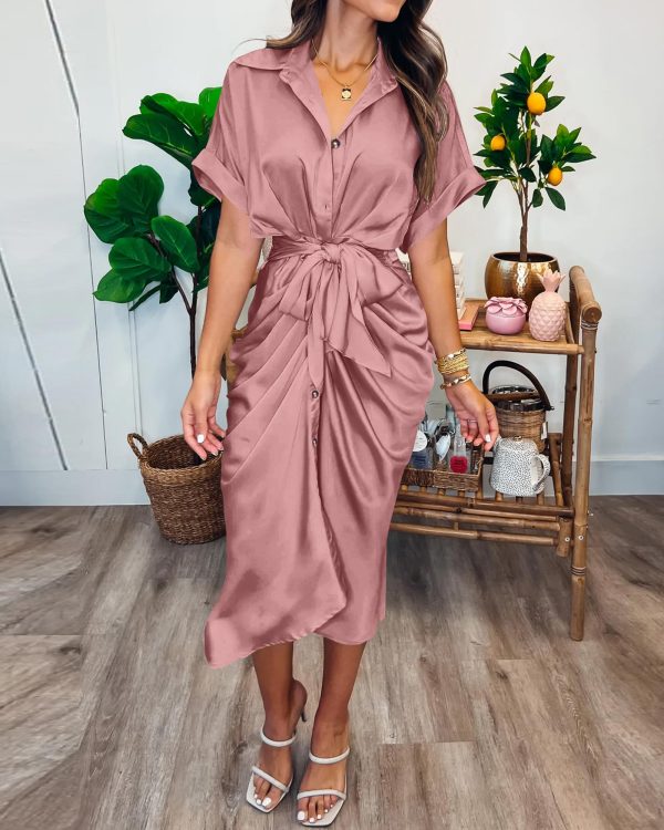 815pKhgQz1L.jpg 2025 Women Button Down Ruched Shirt Dresses Short Sleeve Lapel V Neck Elegant Party Spring Summer Maxi Satin Dress