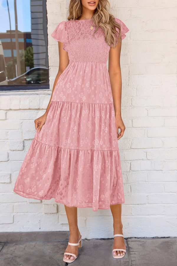 Women's Floral Midi Dress 2025 Summer Cap Sleeve Smocked Ruffle A Line Long Flowy Wedding Guest Dresses