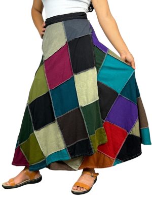 Women's 2025 Spring Distressed Boho Gypsy Hippie Patched Skirt - Adjustable Wrapper Long Skirts for Women