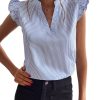 Women's Striped Notched V Neck Ruffle Cap Sleeve Blouse Tops