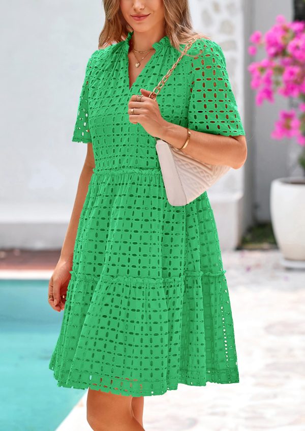 81ABPE-CF4L.jpg Women's Short Sleeve Mini Dress 2025 Summer V Neck Hollow Out Eyelet Ruffle A Line Swing Short Dresses