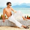 Men's Cotton Linen Harem Pants Drawstring Casual Cropped Trousers Lightweight Loose Beach Yoga Pants with Pockets