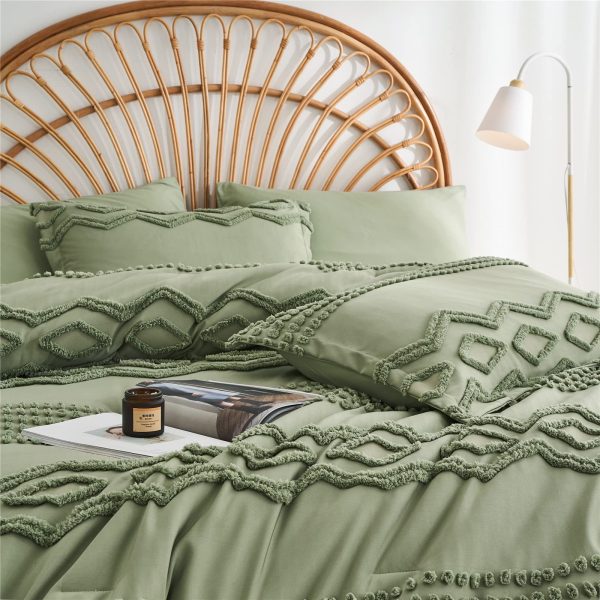 Sage Green Tufted Comforter Set Queen Size 7 Piece Bed in a Bag, Shabby Chic Boho Comforter and Sheet Set, Pom Pom Textured Bed