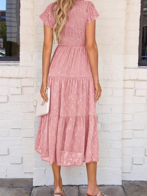 Women's Floral Midi Dress 2025 Summer Cap Sleeve Smocked Ruffle A Line Long Flowy Wedding Guest Dresses