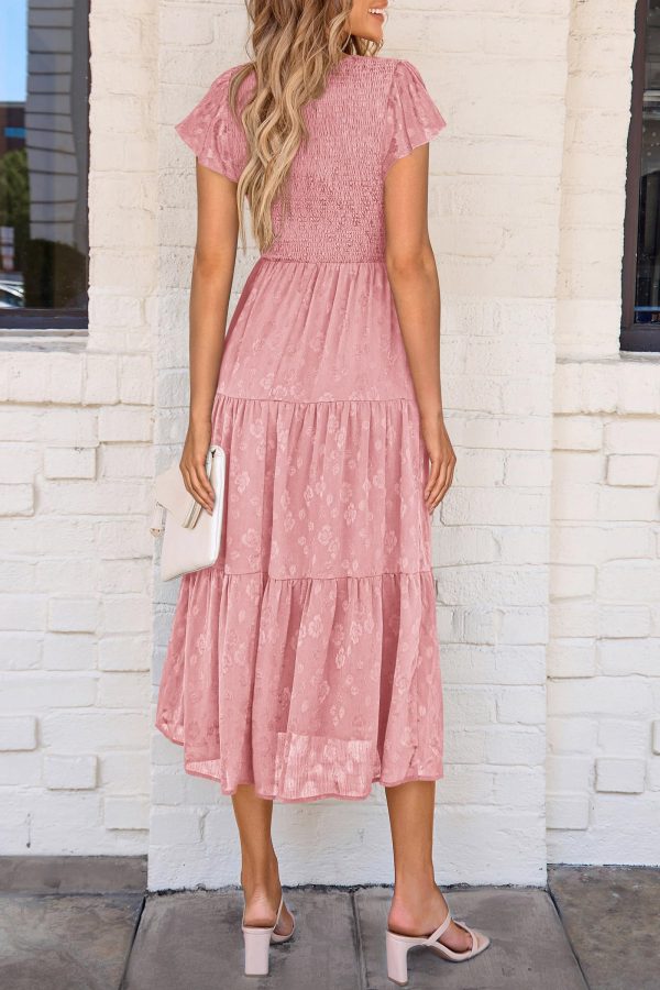 Women's Floral Midi Dress 2025 Summer Cap Sleeve Smocked Ruffle A Line Long Flowy Wedding Guest Dresses