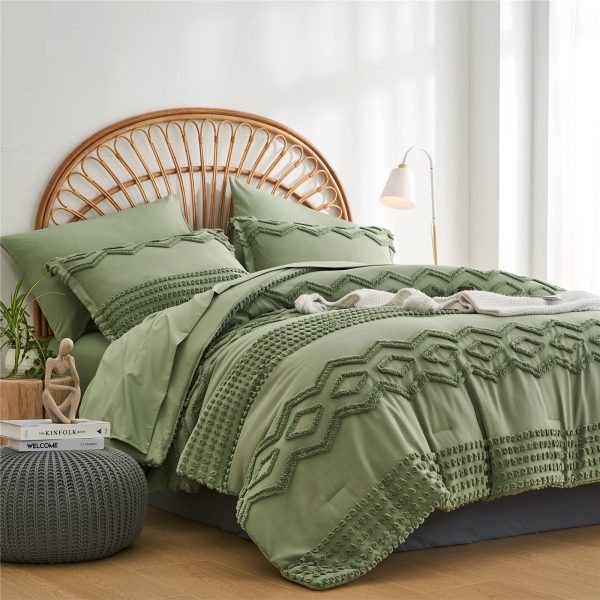 Sage Green Tufted Comforter Set Queen Size 7 Piece Bed in a Bag, Shabby Chic Boho Comforter and Sheet Set, Pom Pom Textured Bed