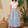 Women's Trendy Summer Casual Pleated Striped Maxi Flared Beach Skirt High Waist A-Line Flowy Midi Skirts Long Dresses