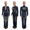 Long Sleeve Denim Jumpsuit for Women Straight Leg Washed Stretch Jean Jumpsuit with Belt Loose Fit Rompers Casual
