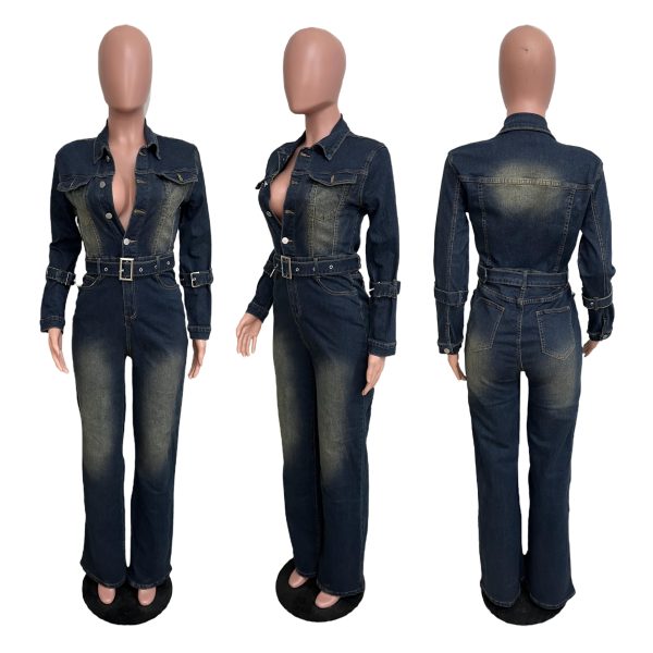 81E6n1CdQeL.jpg Long Sleeve Denim Jumpsuit for Women Straight Leg Washed Stretch Jean Jumpsuit with Belt Loose Fit Rompers Casual