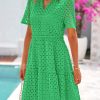 Women's Short Sleeve Mini Dress 2025 Summer V Neck Hollow Out Eyelet Ruffle A Line Swing Short Dresses