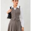 Women's 2 Piece Outfit Plaid Vest Blazer and Pleated Skirt Suit Sets