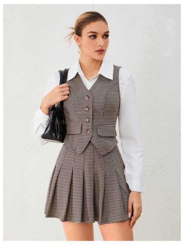 Women's 2 Piece Outfit Plaid Vest Blazer and Pleated Skirt Suit Sets