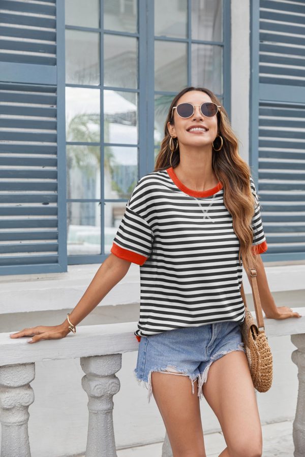 Womens Summer Tops Oversized Crewneck Short Sleeve T Shirts Casual Loose Fit Blouse Y2K 2025 Striped Basic Tee