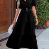 Women's Summer Maxi Dress Puff Short Sleeve Lapel V Neck Tiered A Line Flowy Elegant Party Dresses with Belt