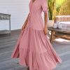 Women Summer Dresses Short Sleeves V Neck Button Drawstring Maxi Dresses Solid Color Boho Long Dresses