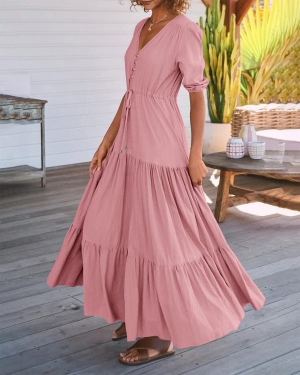 81Igzlo1DtL.jpg Women Summer Dresses Short Sleeves V Neck Button Drawstring Maxi Dresses Solid Color Boho Long Dresses