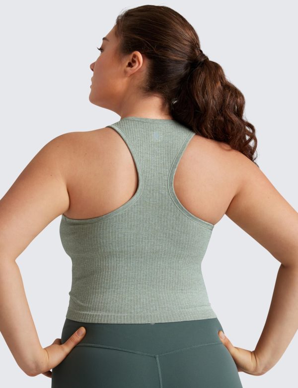 Womens Seamless Ribbed Longline High Neck Sports Bra - Racerback Padded Slim Fit Crop Tank Top with Built in Pads