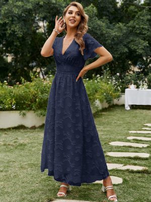 Simplee Women's Boho Floral Maxi Dress Flowy Casual V Neck Short Sleeve Wedding Guest Holiday Beach Long Dress