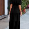 Women's Summer Maxi Dress Puff Short Sleeve Lapel V Neck Tiered A Line Flowy Elegant Party Dresses with Belt