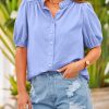 Women's Summer Button Down Shirts Short Lantern Sleeve V Neck Cotton Cute Dressy Casual Ladies Tops Blouses