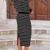 Women's 2 Piece Striped Sweater Set Casual Fall Long Sleeve Knit Pullover Midi Skirts Matching Travel Outfits