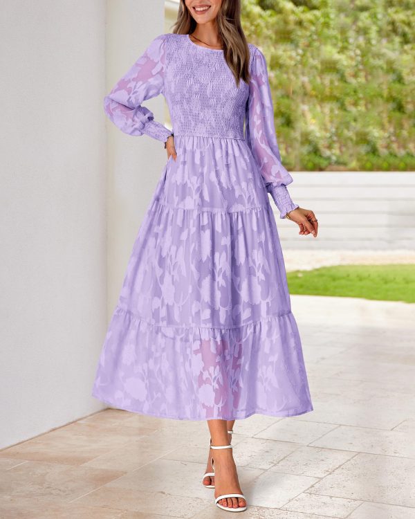 Casual Women's 2025 Spring Dresses Elegant Wedding Guest Dress Long Sleeve Floral Midi Dress Flowy Bohemian Long Dress