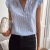 Women's Striped Notched V Neck Ruffle Cap Sleeve Blouse Tops