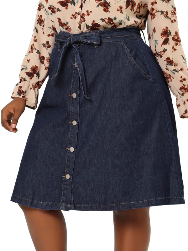 Plus Size Women's Denim Skirts Tie Waist A-Line with Pockets Midi Summer Jeans Skirts