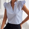 Women's Striped Notched V Neck Ruffle Cap Sleeve Blouse Tops