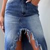 Womens' High Waist Midi Stylish Raw Hem Split Asymmetrical Wash Denim Skirt