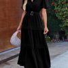 Women's Summer Maxi Dress Puff Short Sleeve Lapel V Neck Tiered A Line Flowy Elegant Party Dresses with Belt