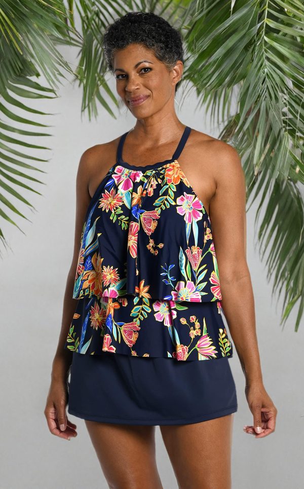 Women's Hi Neck Double Ruffle Tankini Swimsuit Top