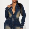 Long Sleeve Denim Jumpsuit for Women Straight Leg Washed Stretch Jean Jumpsuit with Belt Loose Fit Rompers Casual