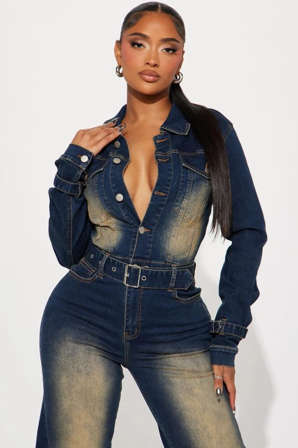 81Szxb7-QBL.jpg Long Sleeve Denim Jumpsuit for Women Straight Leg Washed Stretch Jean Jumpsuit with Belt Loose Fit Rompers Casual