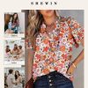 Women's Casual V Neck Floral Print Smocked Short Sleeve Chiffon Blouses Bohemian Top Shirts