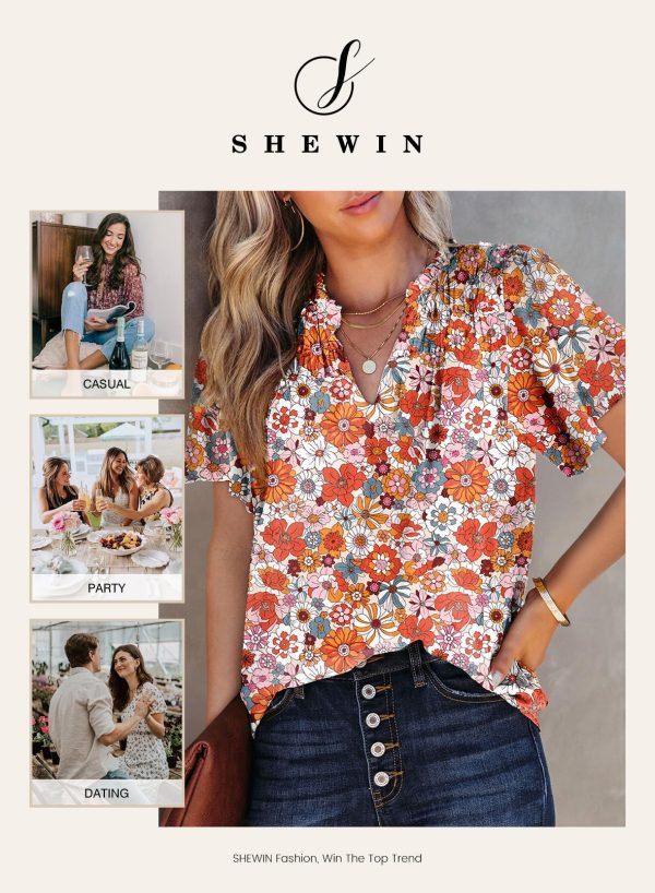81TVqTr0qbL.jpg Women's Casual V Neck Floral Print Smocked Short Sleeve Chiffon Blouses Bohemian Top Shirts