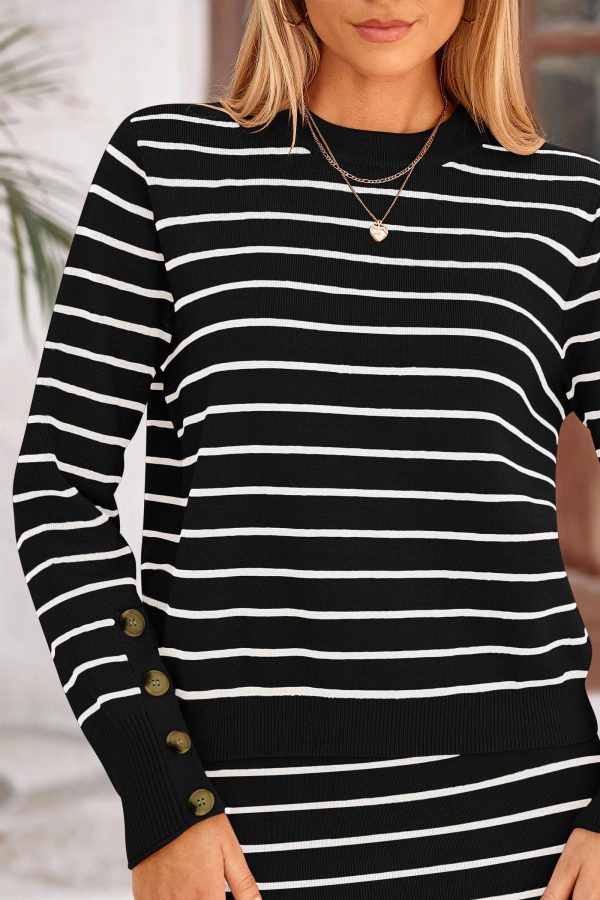81VCQS30R0L.jpg Women's 2 Piece Striped Sweater Set Casual Fall Long Sleeve Knit Pullover Midi Skirts Matching Travel Outfits