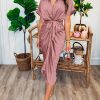 2025 Women Button Down Ruched Shirt Dresses Short Sleeve Lapel V Neck Elegant Party Spring Summer Maxi Satin Dress
