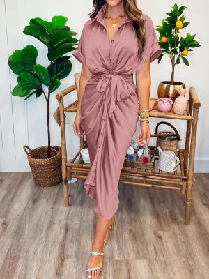 2025 Women Button Down Ruched Shirt Dresses Short Sleeve Lapel V Neck Elegant Party Spring Summer Maxi Satin Dress