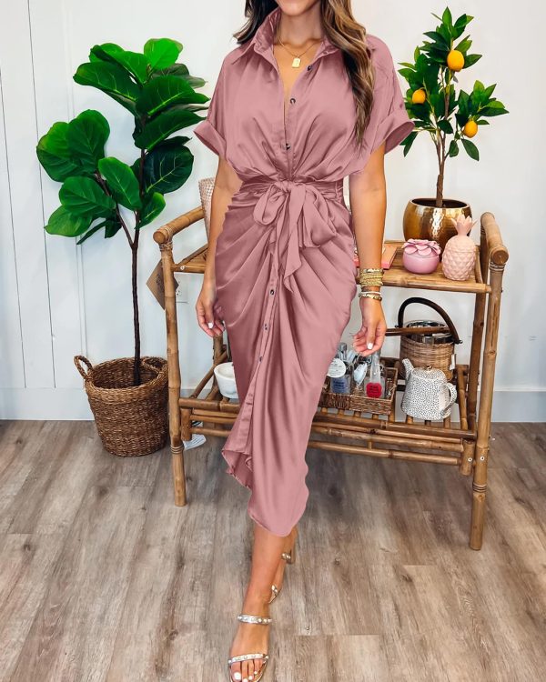 81WFizd9jdL.jpg 2025 Women Button Down Ruched Shirt Dresses Short Sleeve Lapel V Neck Elegant Party Spring Summer Maxi Satin Dress