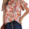 Women's Casual V Neck Floral Print Smocked Short Sleeve Chiffon Blouses Bohemian Top Shirts