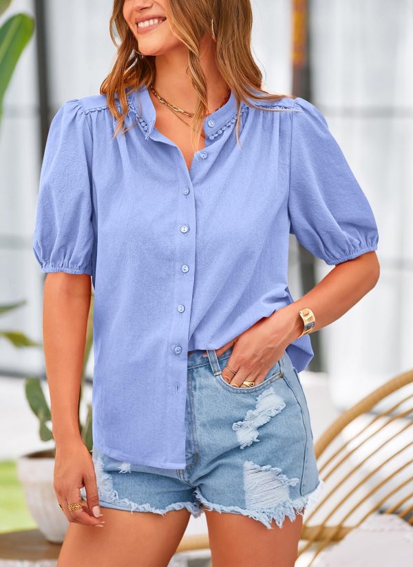 81XQDs0FiuL.jpg Women's Summer Button Down Shirts Short Lantern Sleeve V Neck Cotton Cute Dressy Casual Ladies Tops Blouses