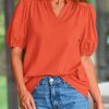 Womens Casual Summer Tops 2025 V Neck Short Puff Sleeve Pleated Cotton T Shirts Loose Dressy Blouses