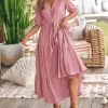 Women Summer Dresses Short Sleeves V Neck Button Drawstring Maxi Dresses Solid Color Boho Long Dresses